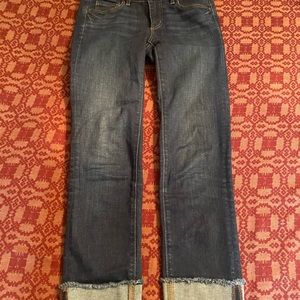 LOFT MODERN STRAIGHT CUFFED HEMMED JEANS, DARK WASH.
